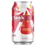 Raspberry + Meyer Lemon can, red triangles in the background with pink flower shapes in the front.
