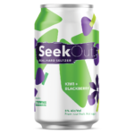 Kiwi Blackberry can, green octagonal shapes in the background with purple and lighter green flower shapes in the foreground.